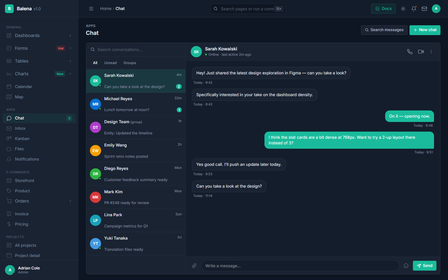 Team chat page in dark mode