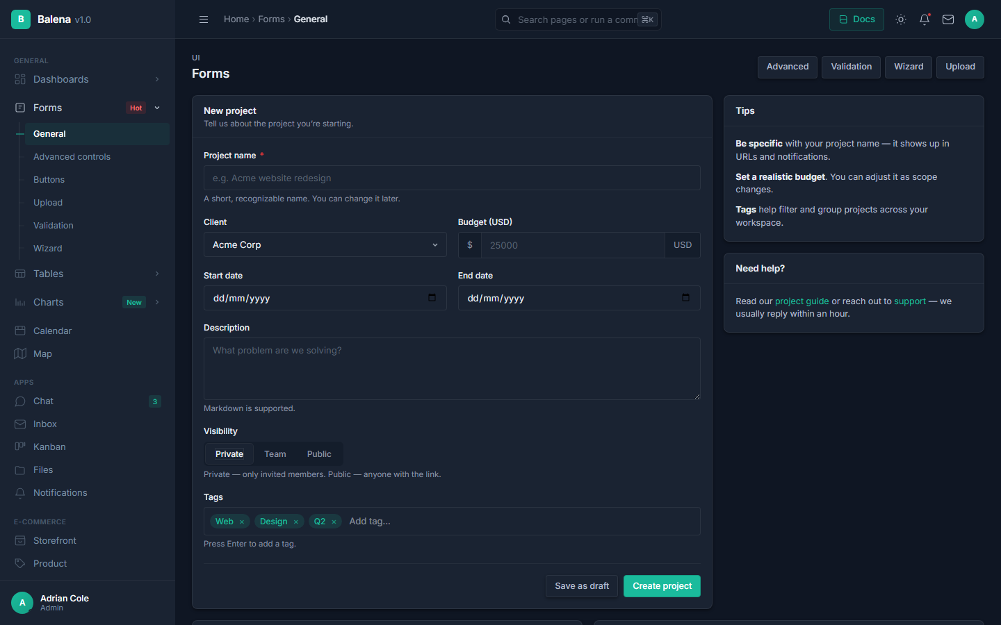 Advanced forms page in dark mode