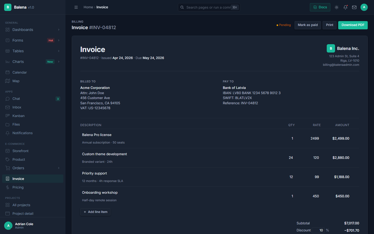 Invoices page in dark mode