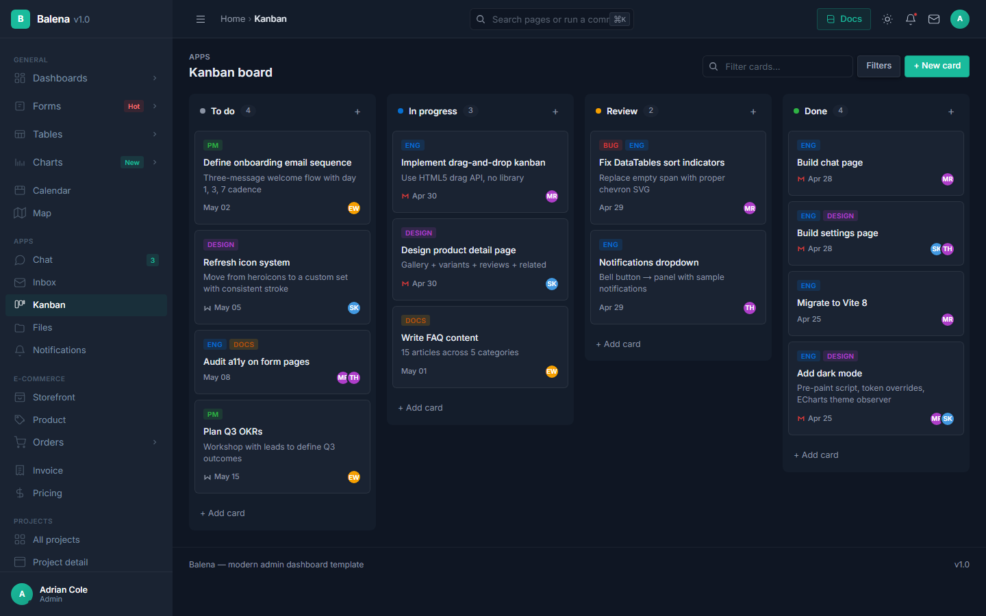 Kanban page in dark mode